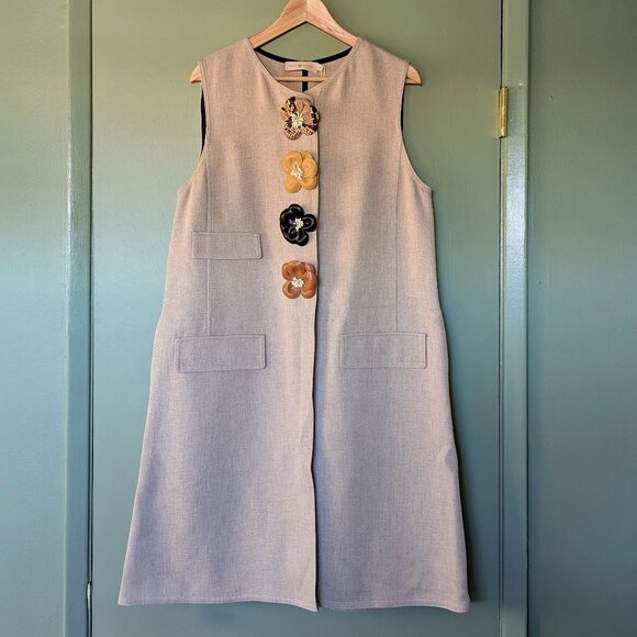 AUTH Tory Burch Longline Twill Crepe cream Appliqué Vest Size 10 NWT SUPER RARE - Picture 1 of 16